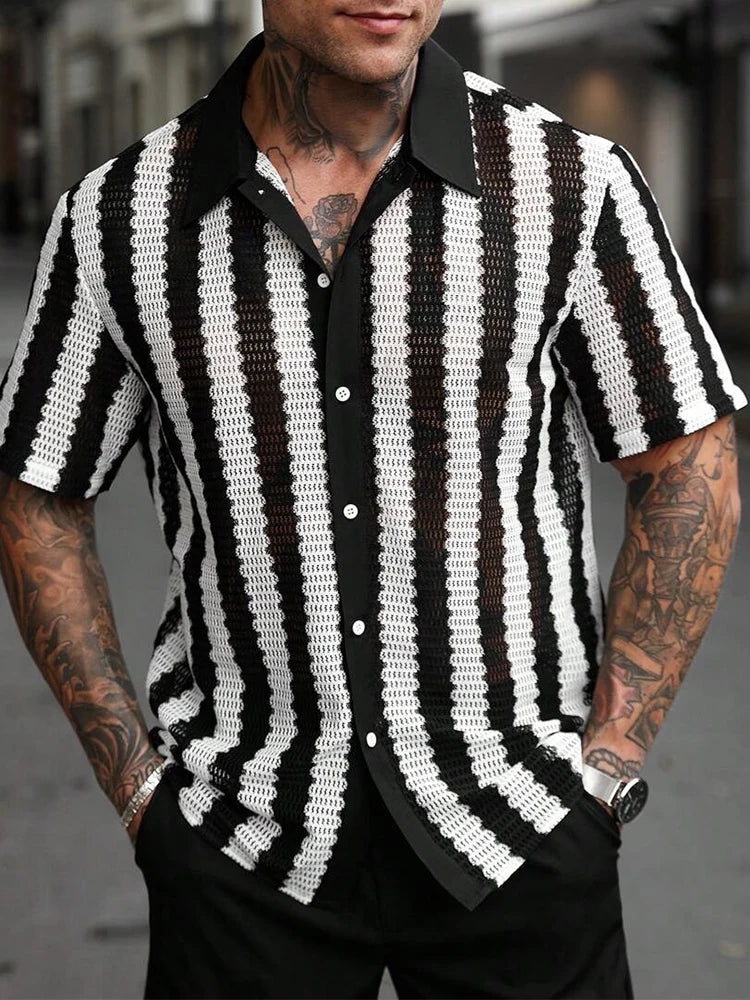 Trendy Mens Knitted Shirts 2025 Summer Casual Hollow Out Breathable Cardigans Men Beach Fashion Short Sleeve Striped Knit Shirt