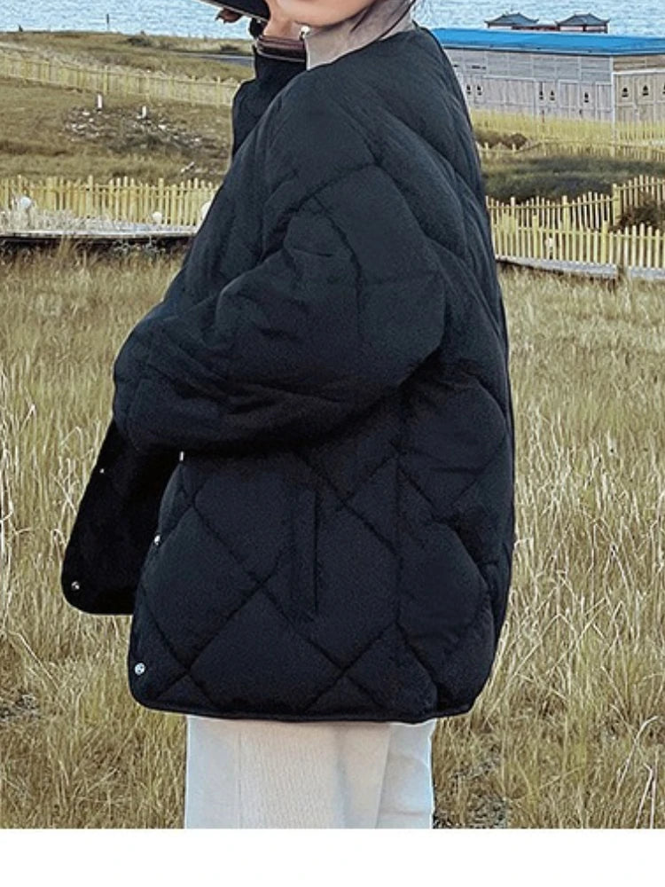 New in Winter Cotton-Padded Jacket for Women New Versatile Lightweight Rhombus Plaid Cotton-Padded Jacket Simple and Stylish