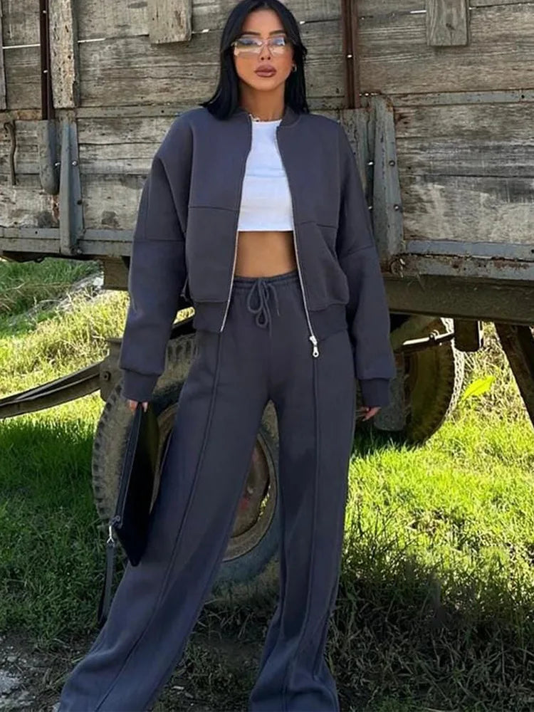 Women Sweatsuit Set Vintage O-neck Zipper Bomber Jackets High Waist Loose Pants Suit Female 2025 Spring Fashion Lady Sportswear