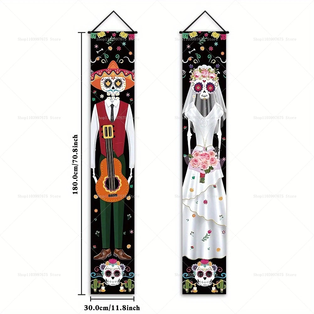 Halloween Decorations Dia De Los Muertos Porch Sign Banners Mexico Day of The Dead Hanging Banner for Indoor Outdoor Wall Decor