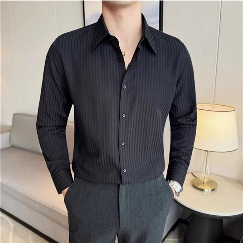 High Quality Men's Shirts Long Sleeve Striped Smart Casual Shirts Men Fashion Turn Down Collar Slim Fit Formal Office Shirt Tops