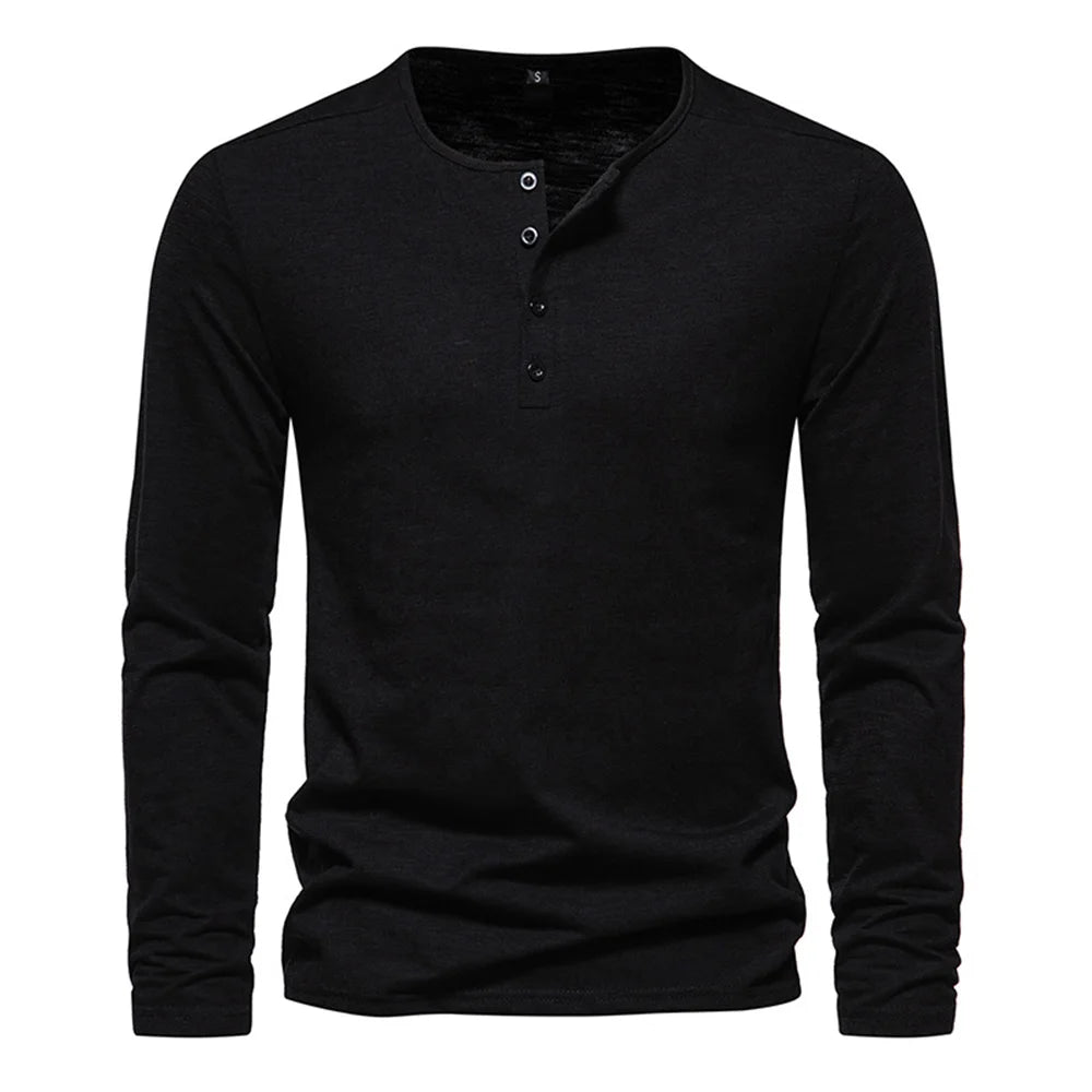 Men Long Sleeved T-shirt Cotton Slim Fit Bottoming Shirt Fitness Tops Tees Button Neck Casual Cozy Tshirt