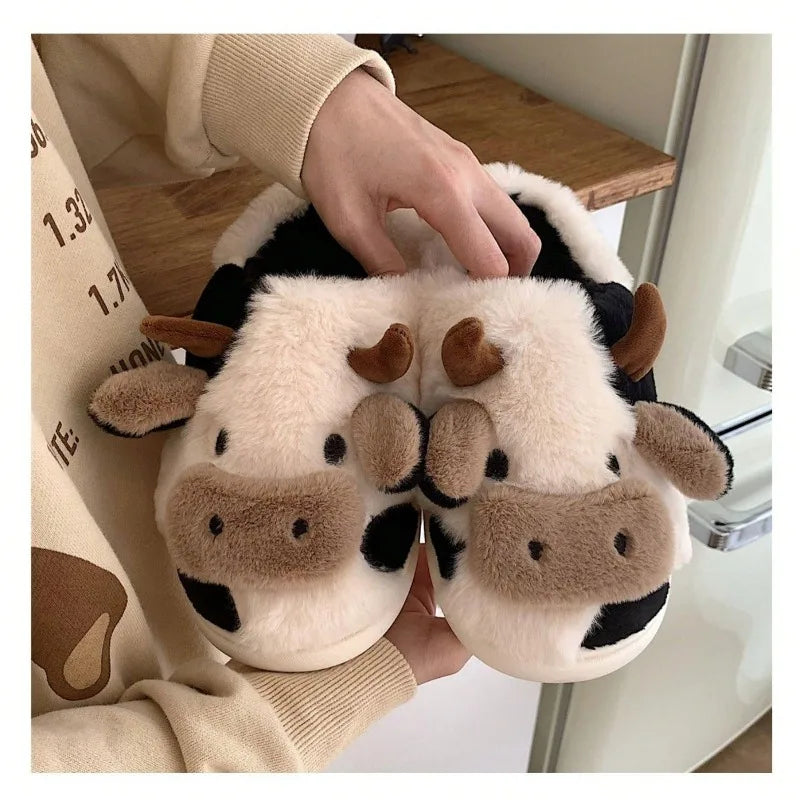 Winter Home Slippers for Couples Warm Plush Neutral Cartoon Cow Indoor Anti Slip Comfortable Cotton Slippers for Men and Women