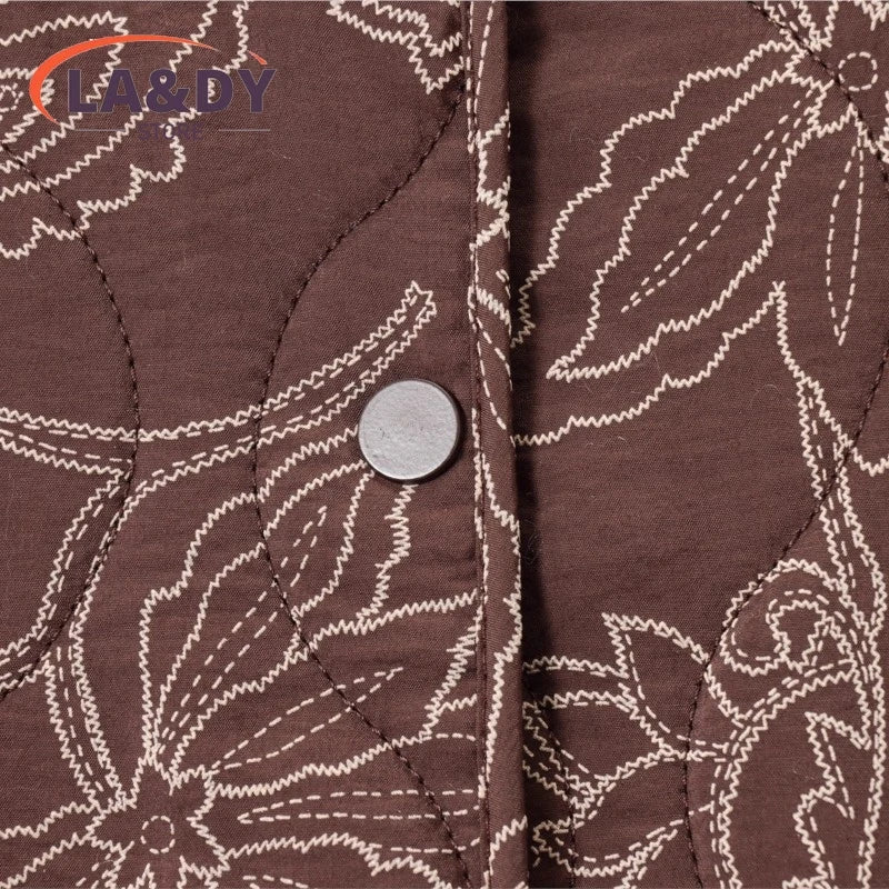 Jacket Coat Women 2025 Autumn Fashion Vintage Chic Print O-Neck Buttons Oockets Casual Loose Outwear Ladies