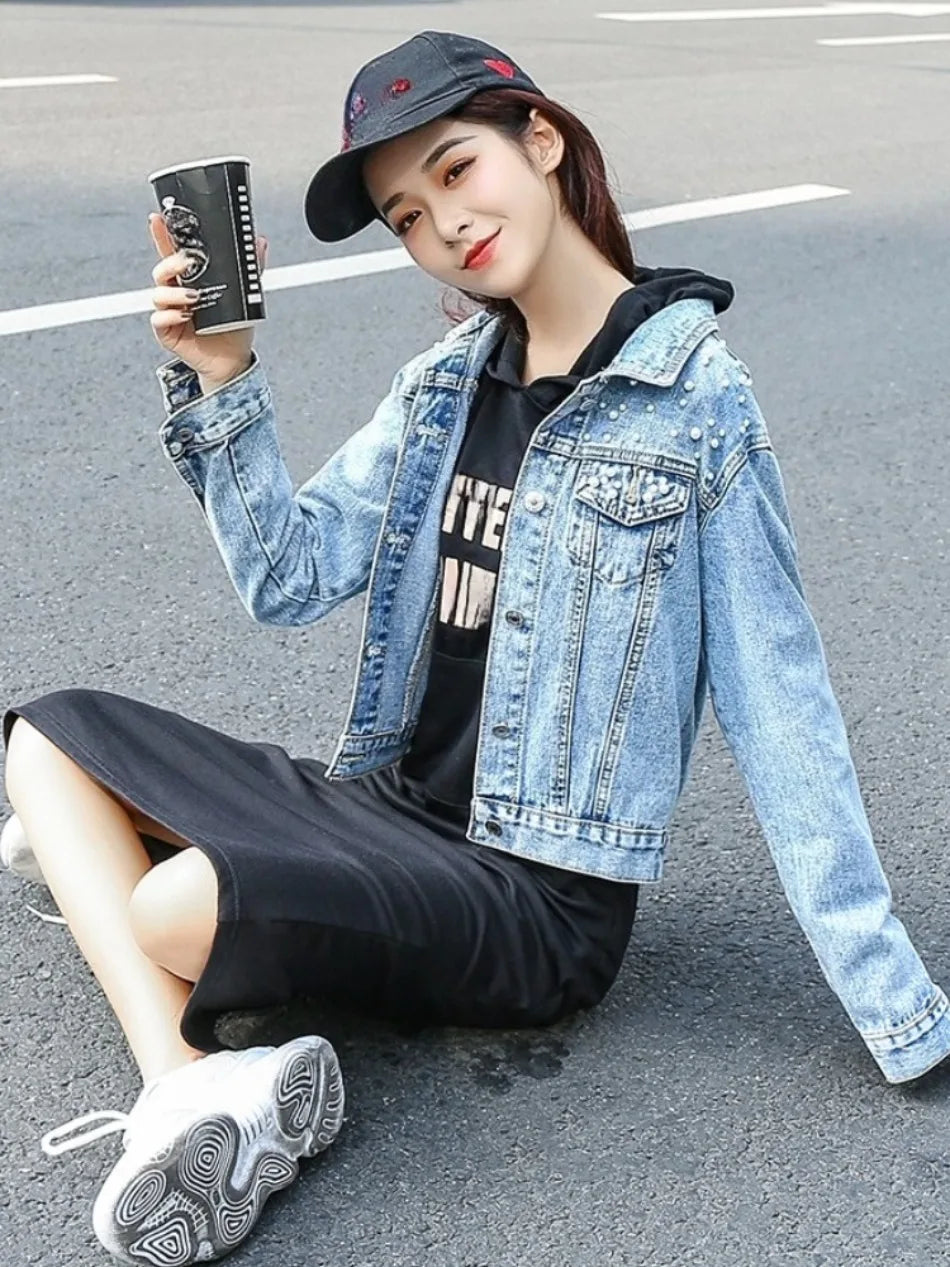Cowboy Jacket Women's Denim Jacket Spring  Autumn New in Commuting Style Bead Fashion Casual Loose Regular Short Jacket