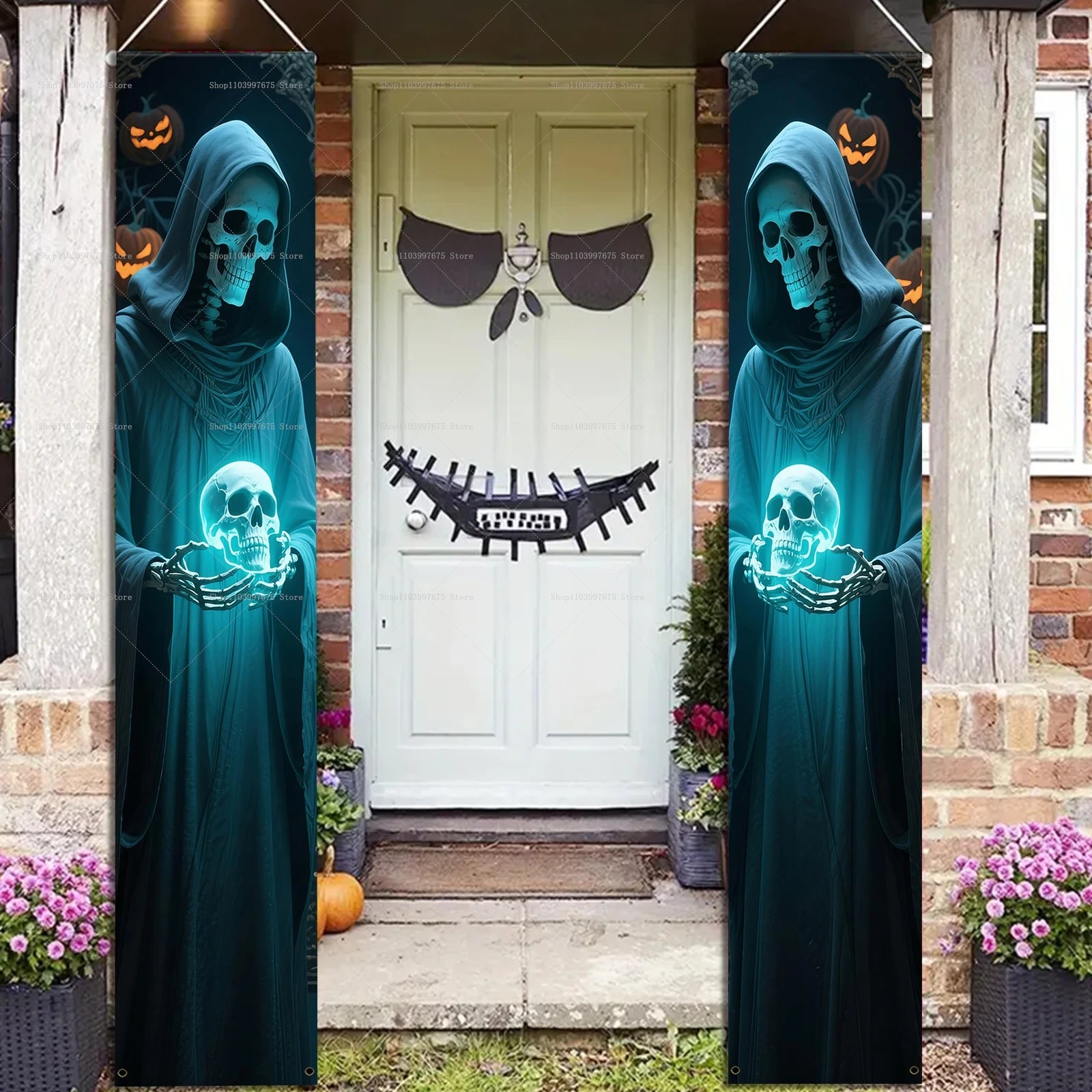 Halloween Scary Ghost Banners Welcome Porch Sign Halloween Skull Hanging Banner Decorations for Indoor Outdoor Party Supplies