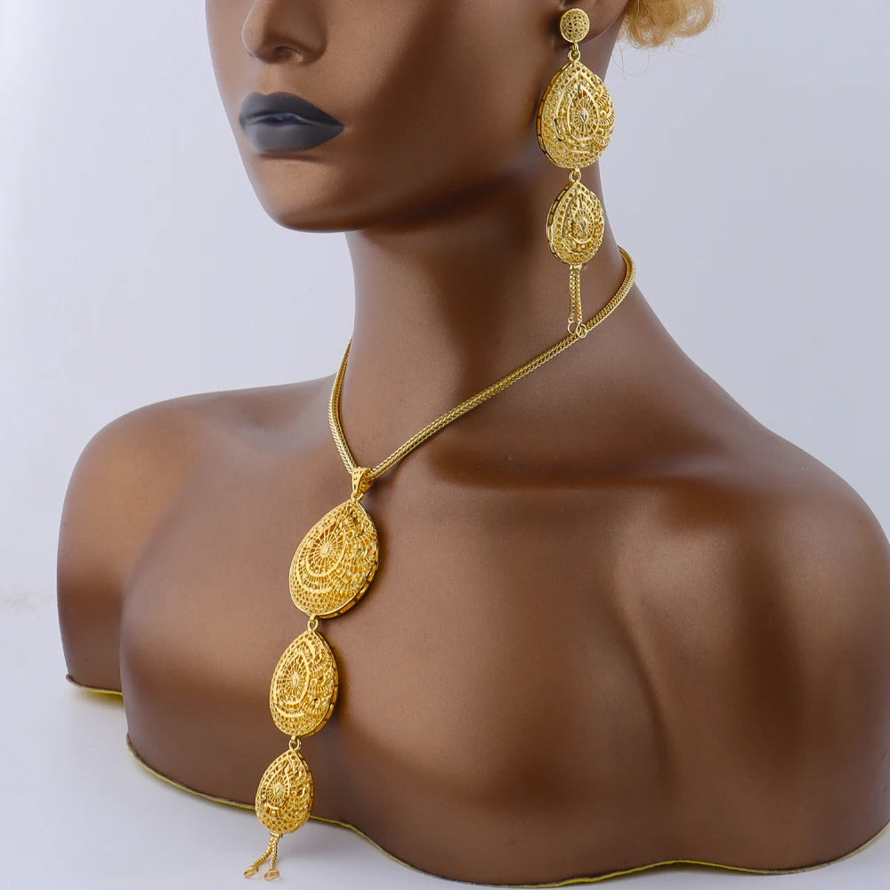 Luxury Indian Jewellery Earrings Necklace Jewelry Set for Women Dubai Gold Color African Earring Jewelry Gift for Party Wedding