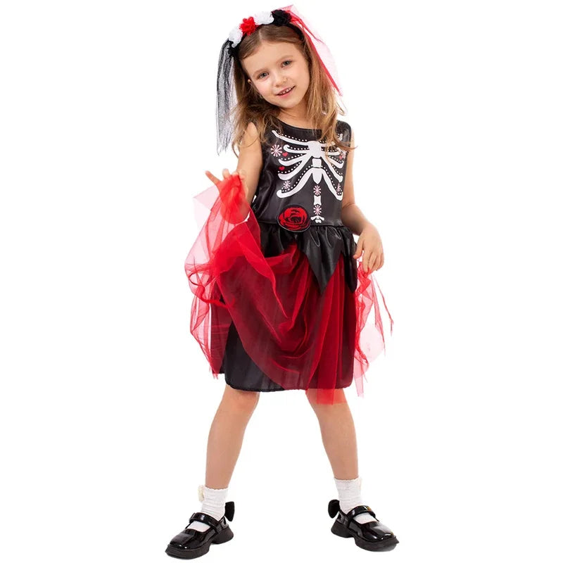 Halloween cosplay girls sleepveless vintage party dress scary skull witch day of the Dead costume #1 # W