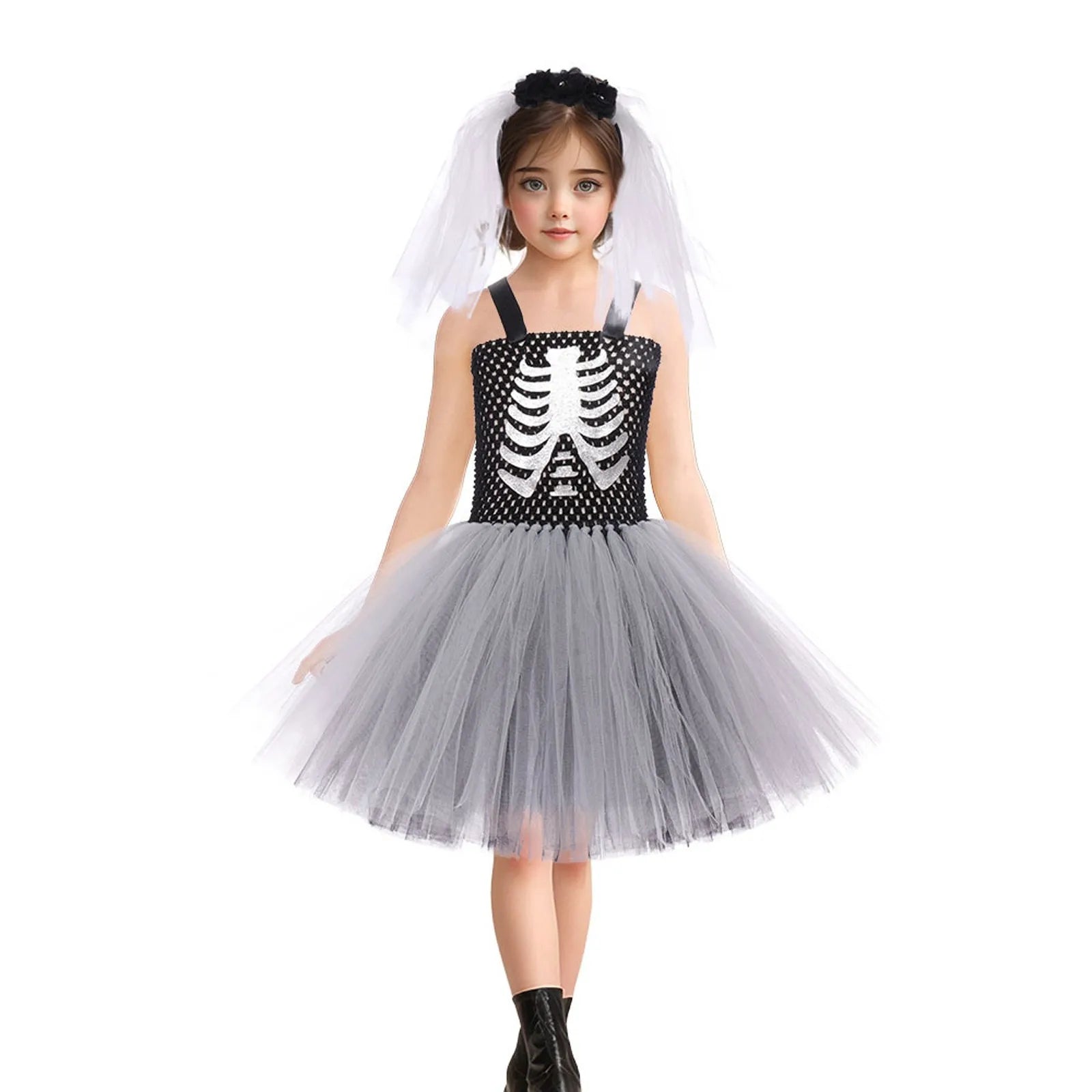 Halloween Terror Costumes For Girls Black White Ghost Scary Outfits Halloween Skeleton Fancy Tutu Dress For Kids