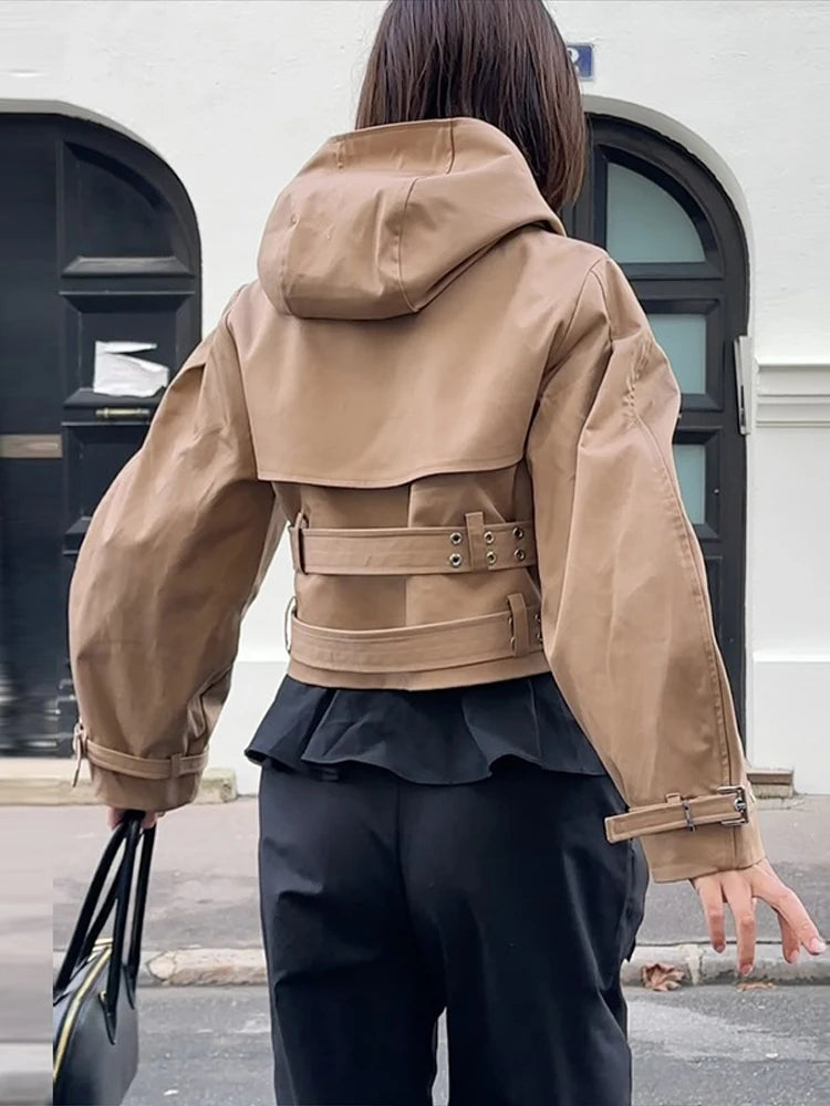 Women's Jacket Chic Double Belt Hooded Full Sleeve Button Female Female Jackets 2025 Autumn Fashion High Street Lady Outwears