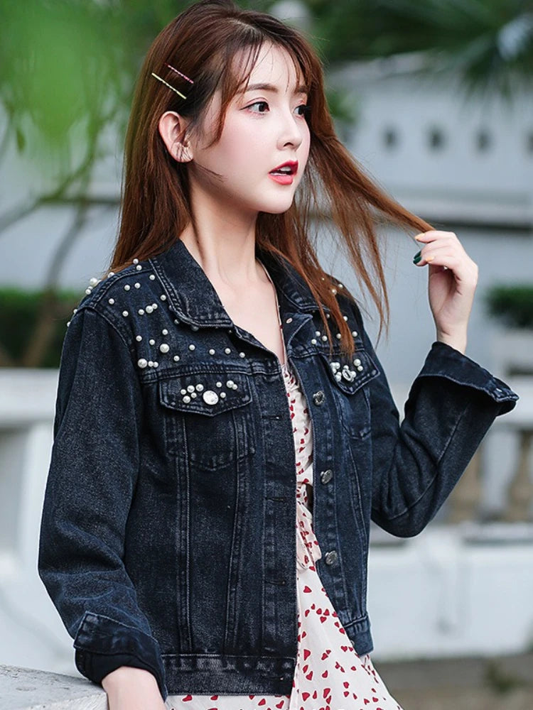 Cowboy Jacket Women's Denim Jacket Spring  Autumn New in Commuting Style Bead Fashion Casual Loose Regular Short Jacket