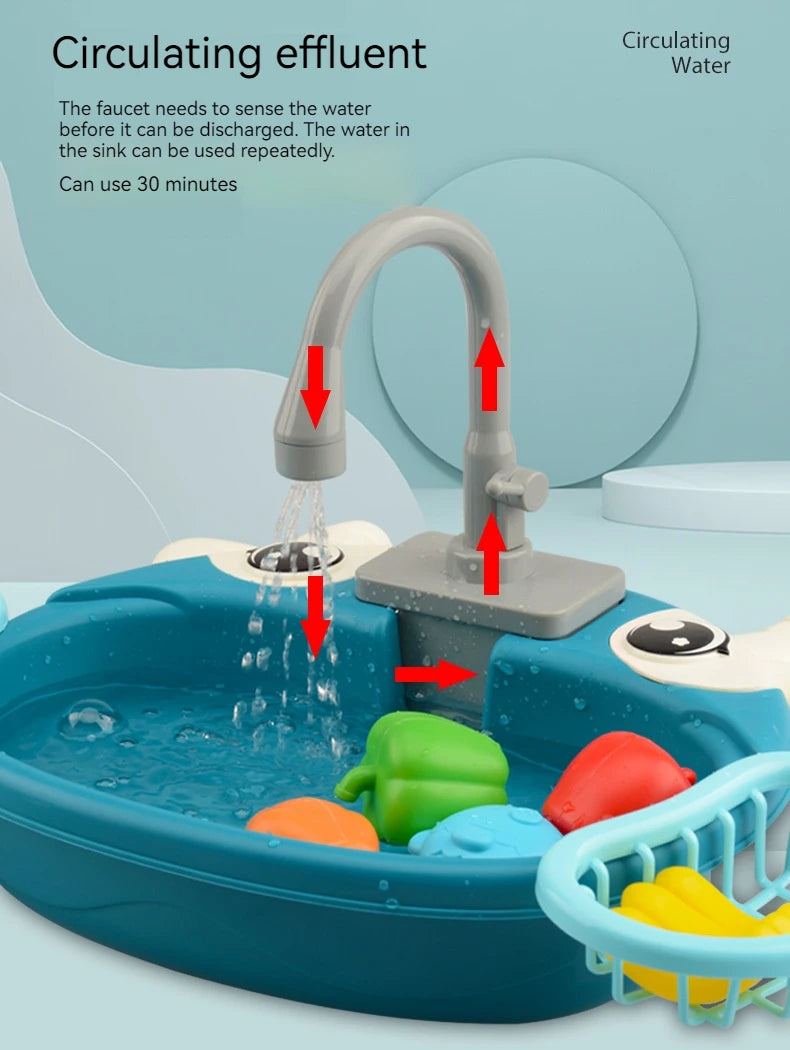 Kids Play Kitchen Set Simulated Dishwasher Sink Hand Basin with Electric Circulating Water Toys for Boys Girls Pretend Role Play