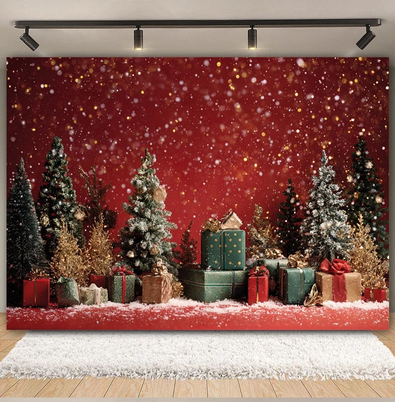 Christmas Day Decor Backdrop for Photography Xmas Tree Red Room Wall Glitter Gift Family Holiday Portrait Decor Photo Background