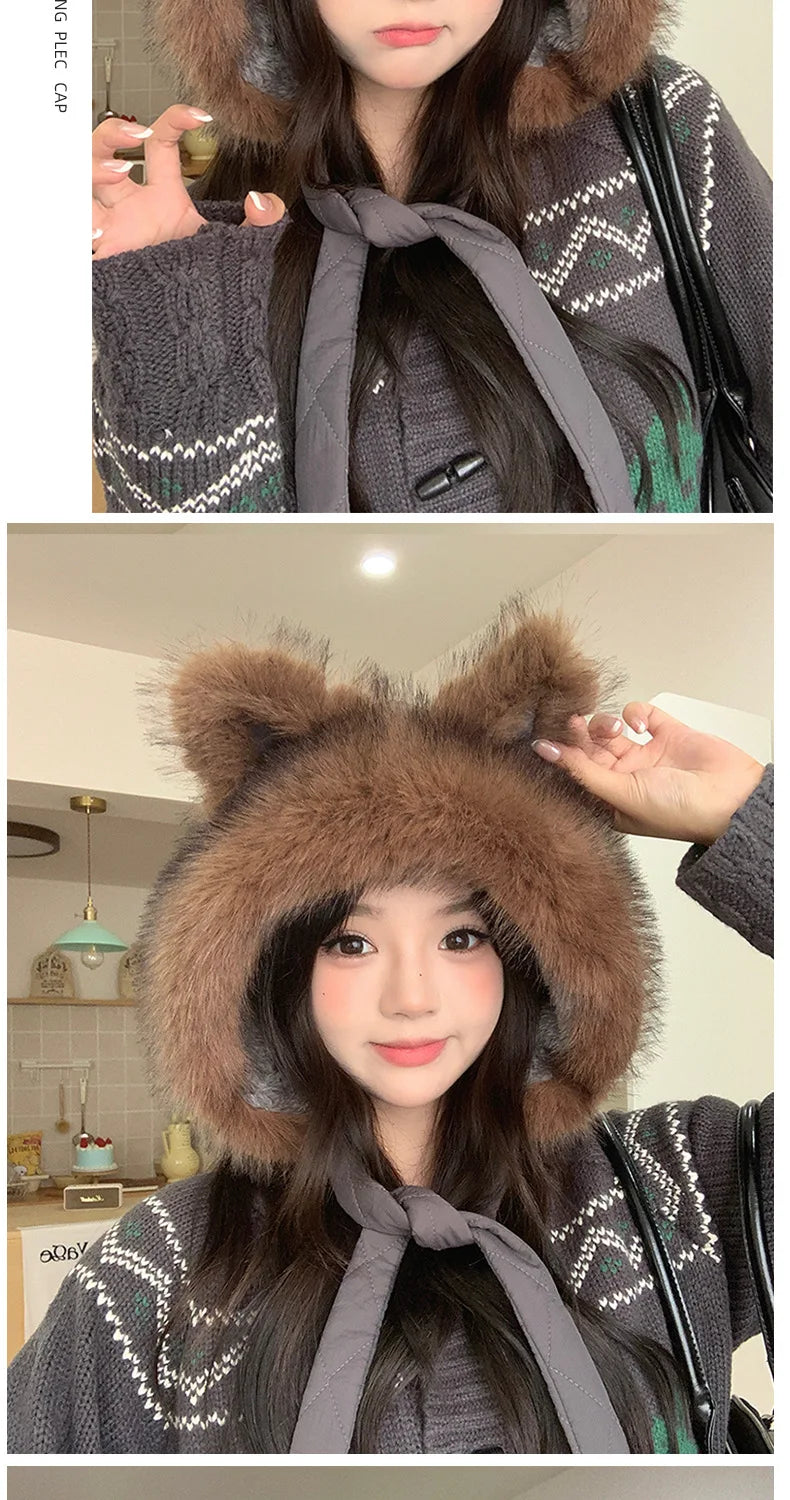 Winter Hat Thicken Ski Beanie Hat for Women Balaclava Spicy Girl Style Cat Girlfriend Hat Outdoor  Warm Protection Accessories