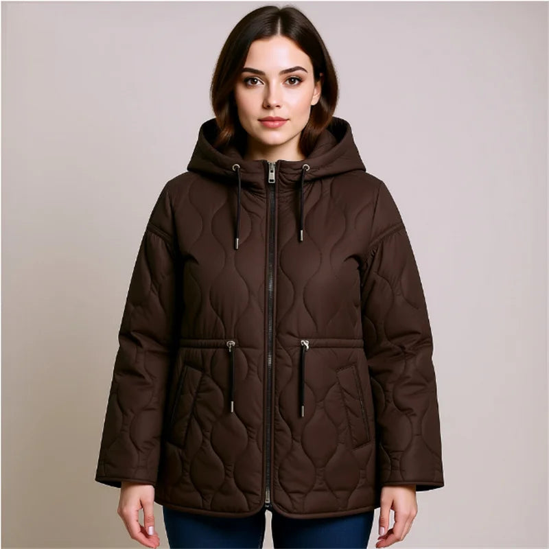 Women's Hooded Belted Quilted Jacket, Warm, Cool, Stylish, Fall, 2025