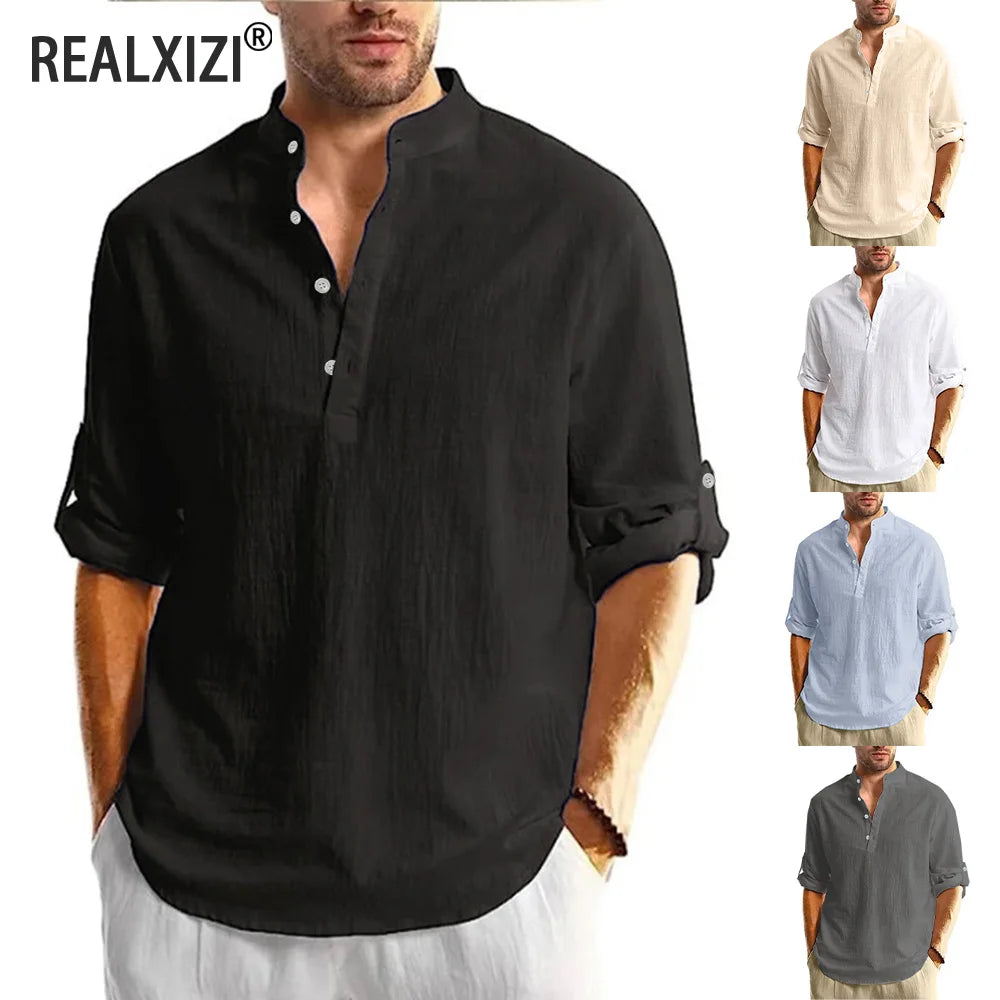 Men's Lightweight Shirts Long Sleeve Henley Collar Casual Shirts Men Beach Hawaiian Vacation Shirts Men Breathable Tshirts Tops