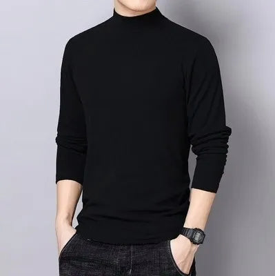 Men's Solid Color Turtleneck T-Shirt For Male Autumn Spring Casual Long Sleeve Basic Bottoming Shirt For Men Slim-Fit Tops