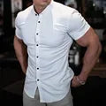 Men's Single-breasted Shirt Casual Cardigan Short-sleeved Lapel Shirt Slim-fit Elastic Sports Fitness Solid Color New Summer