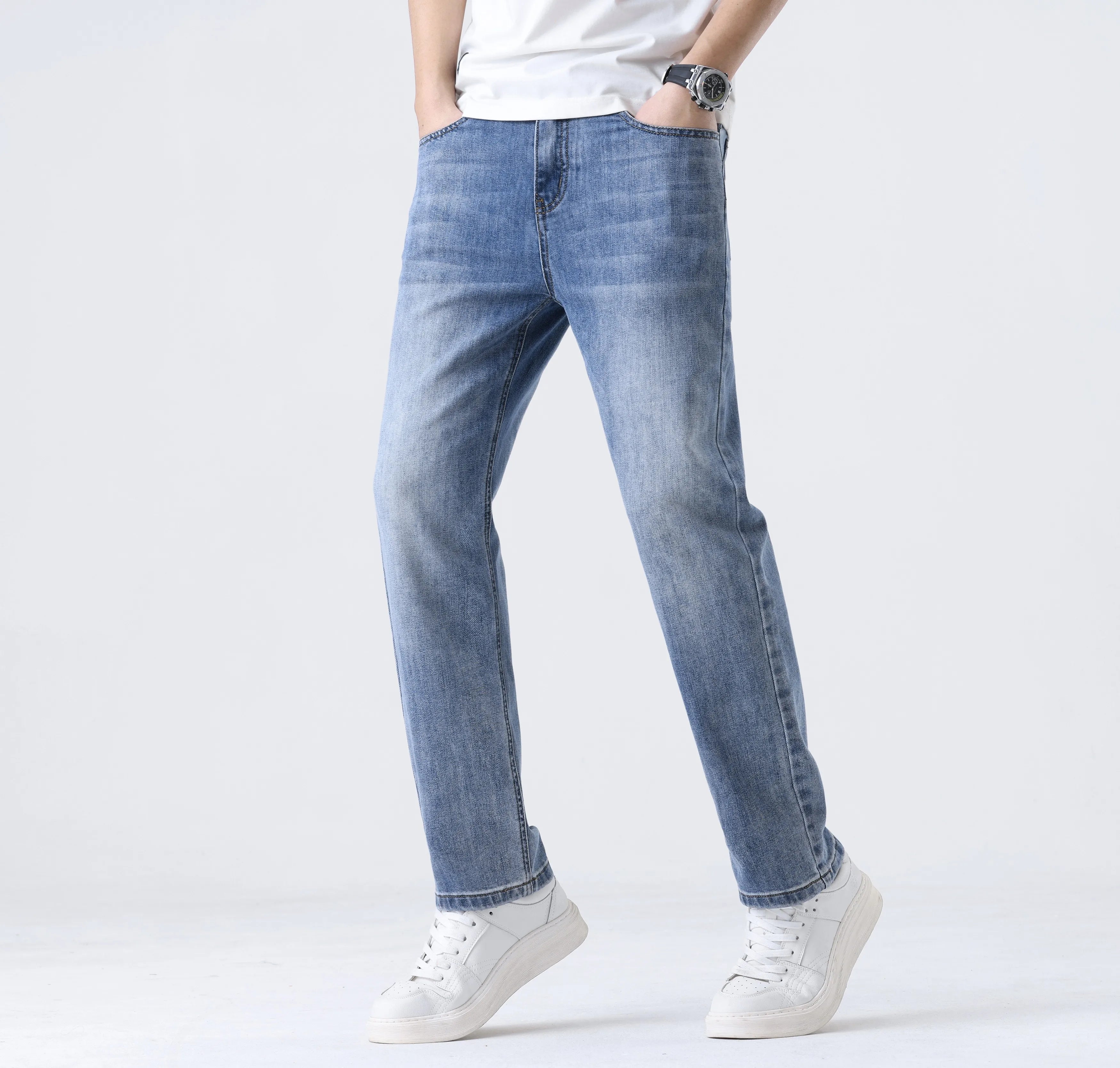 2025 New Loose Straight Leg Jeans for Men  Comfort Thin Stretch Cotton Blend Moisture-Wicking Casual Trousers for Daily Wear