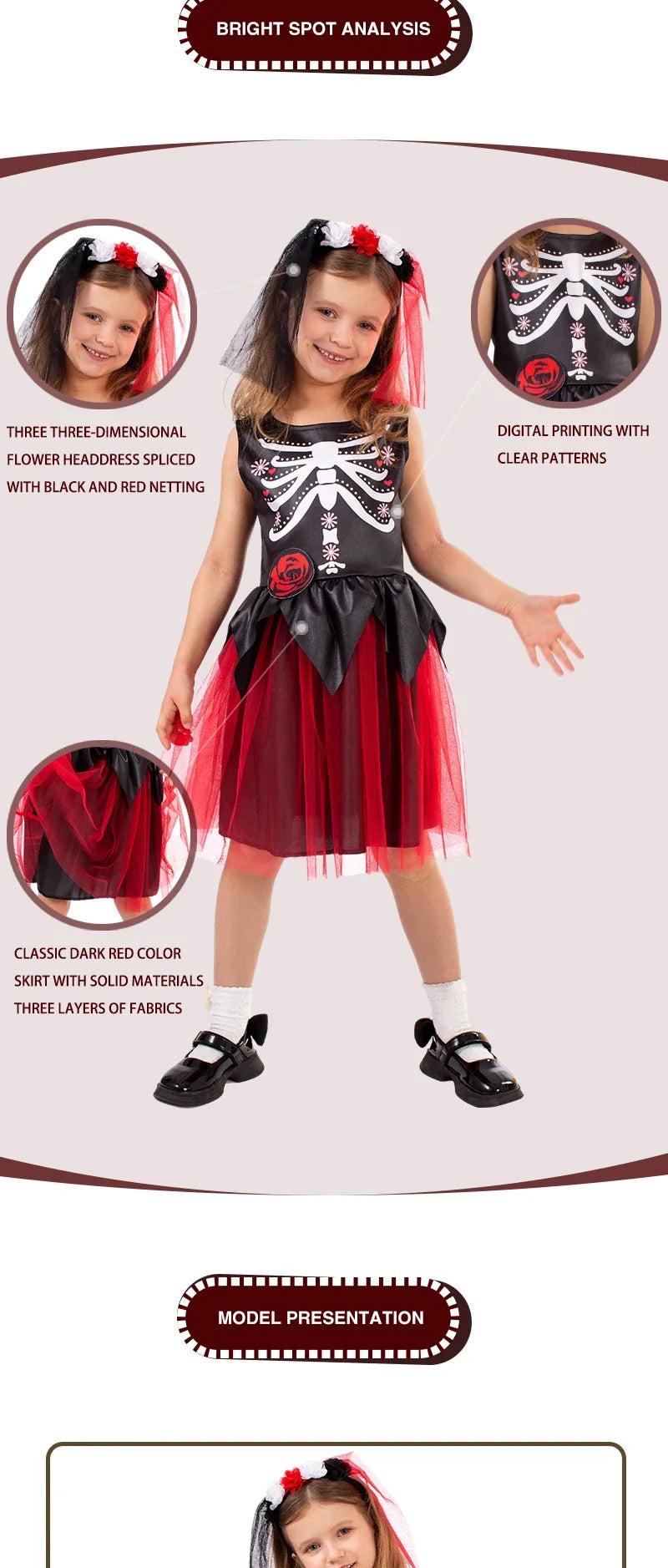 Halloween cosplay girls sleepveless vintage party dress scary skull witch day of the Dead costume #1 # W