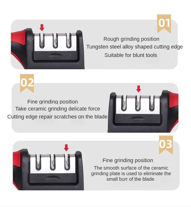 Kitchen 3-Segment Knife Sharpener Household Multi-Functional Hand-Held Three-Purpose Black Sharpening Stone.