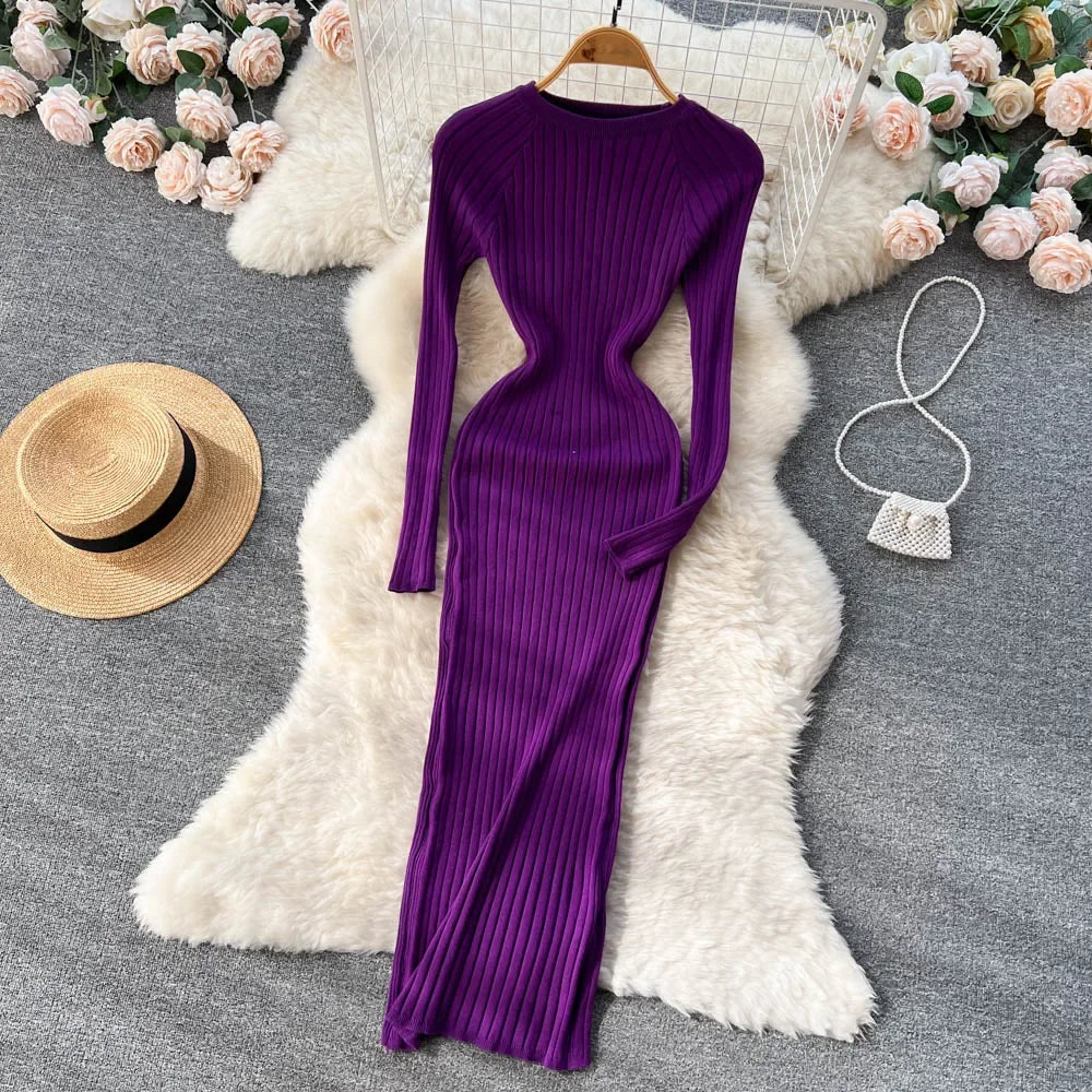 Women Knitted Dress O Neck Sexy Slim Elastic Oversized Basic Bodycon Long Dress Winter knit Warm Sweater Dresses