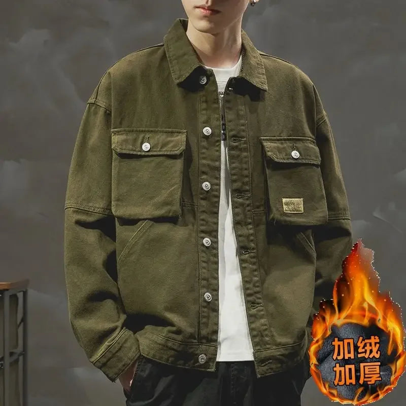 High end work jacket, men's spring and autumn trendy brand, loose American retro lapel jacket, casual and handsome denim jacket