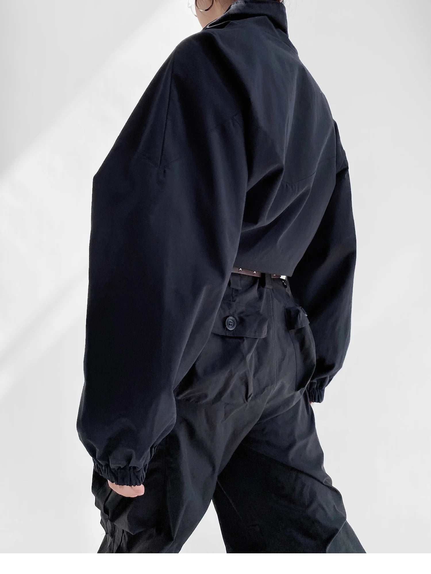 Women's Cropped Utility Jacket - Drop Shoulder Drawstring Hem Ribbed Cuffs Lightweight Cotton