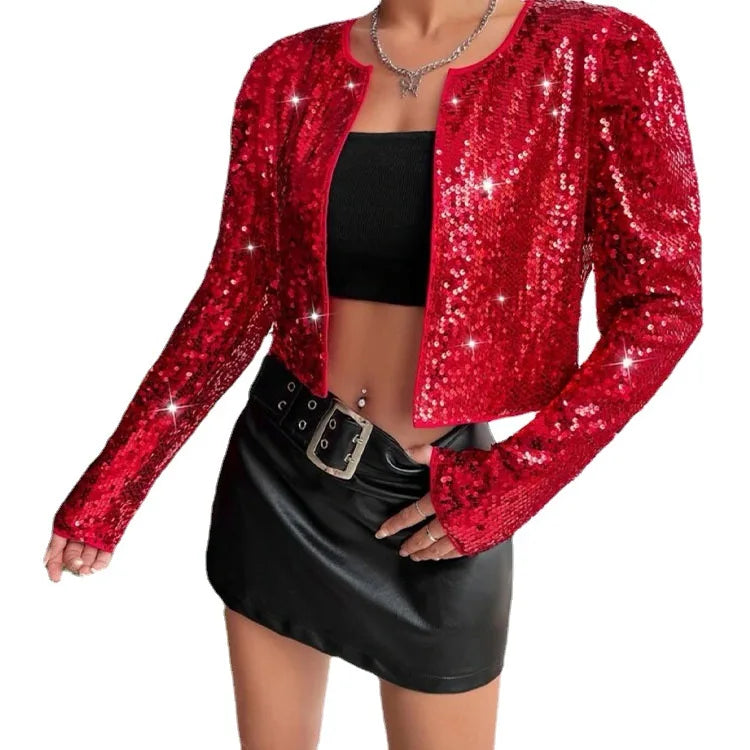 Women's Fashion Stage Top Jacket Red Coats Trendy Rock Style Round Neck Short Sequined Outerwear Куртки Gothic Clothes Women