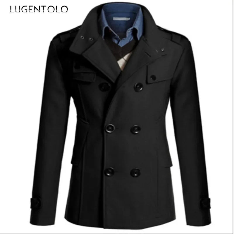 Men Casual Jacket Fall-Winter Outdoor Warm Windbreaker Fashion Lapel Double Breasted Gentleman Coat Daily Versatile Clothing