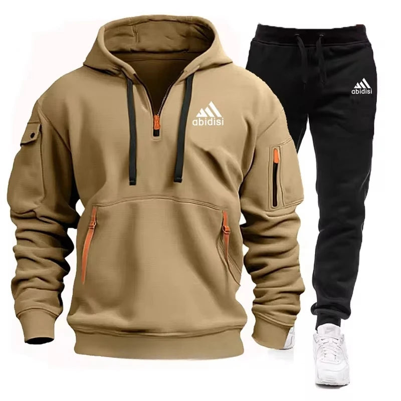 2025 Men's Tracksuit Casual Jogging Suit Outdoor Set Hoodies + Black Sweatpant 2pcs Fashion Warm Contrasting Colors Sportswear
