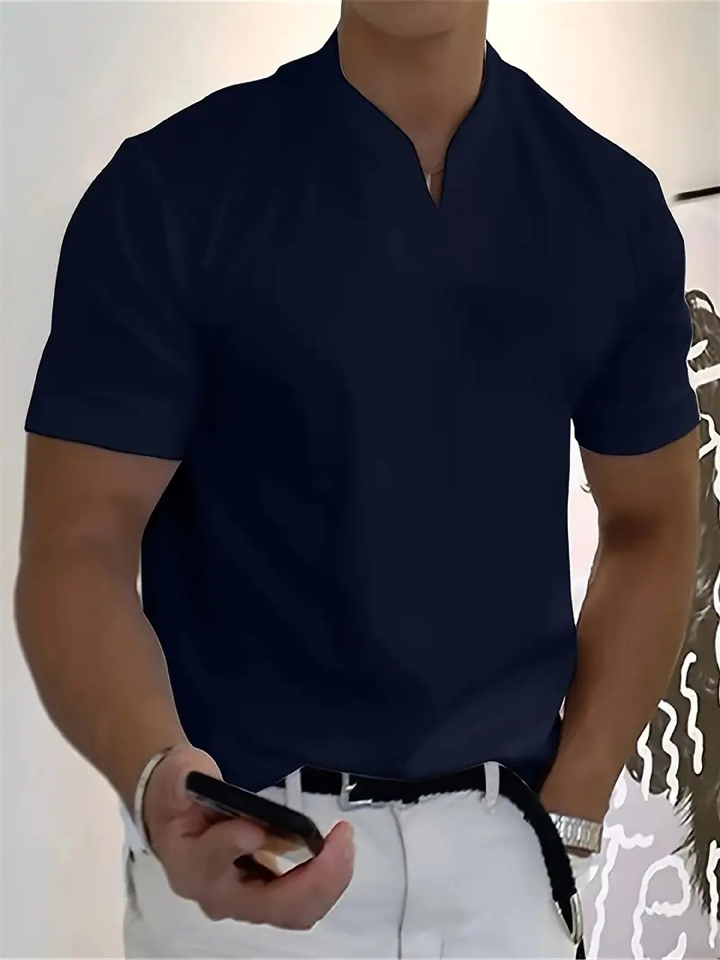 2025 New Men T-shirt Fashion V-neck Design Slim Fit Solid color Men's t-shirt Tops Tees Short Sleeve T Shirt For Men