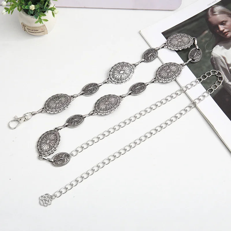 1 piece set of waist chain accessories for women's retro Bohemian ethnic style silver metal chain belt with skirt belt