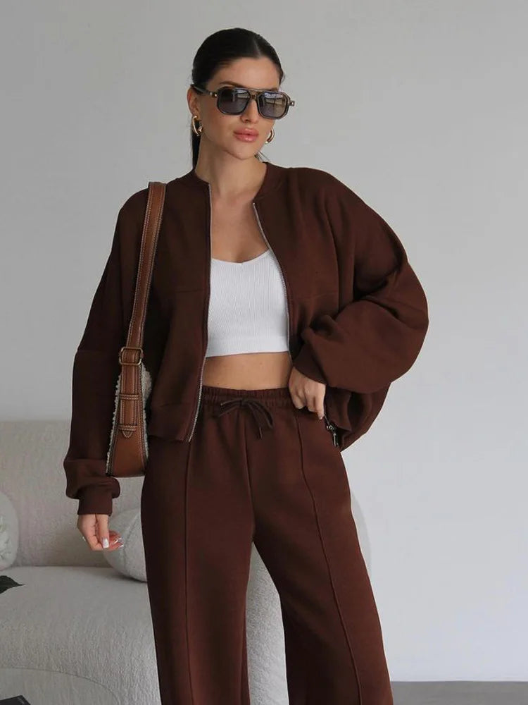 Women Sweatsuit Set Vintage O-neck Zipper Bomber Jackets High Waist Loose Pants Suit Female 2025 Spring Fashion Lady Sportswear