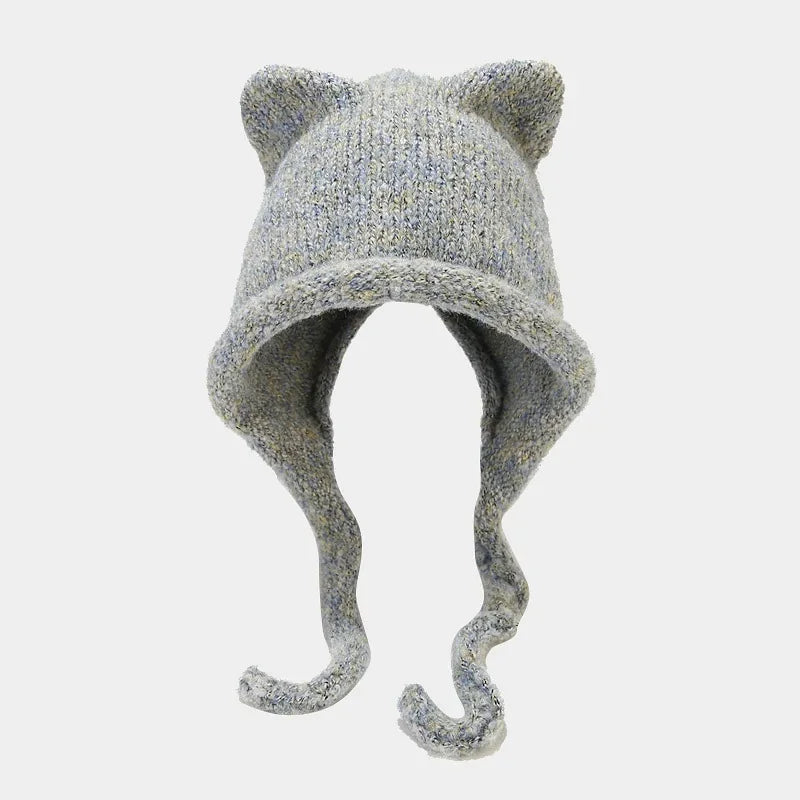 Winter Hat For Women Men Skullies Beanies Solid Color Korean Cute Cat Ear Warm Wool Ear Protection Knit Pullover Strap Cap Y2K