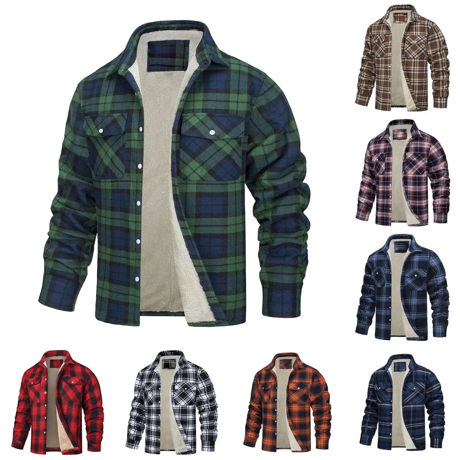 Men Fall Winter Jacket Plaid Print Lapel Soft Plush Long Sleeve Single-Breasted Loose Thickened Casual Mid Length Men Coat