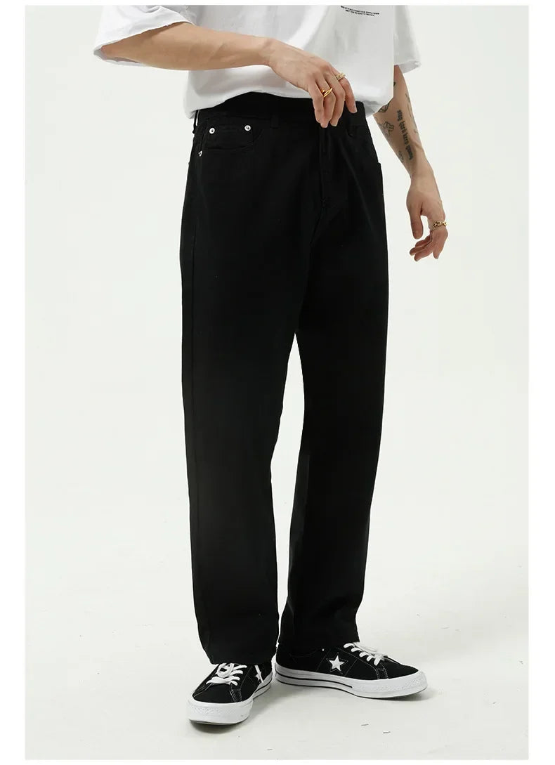 Business Men Jeans Casual Straight Stretch Pants Black and White Basic Fashion Classic Simple Work Denim Trousers Male Clothing