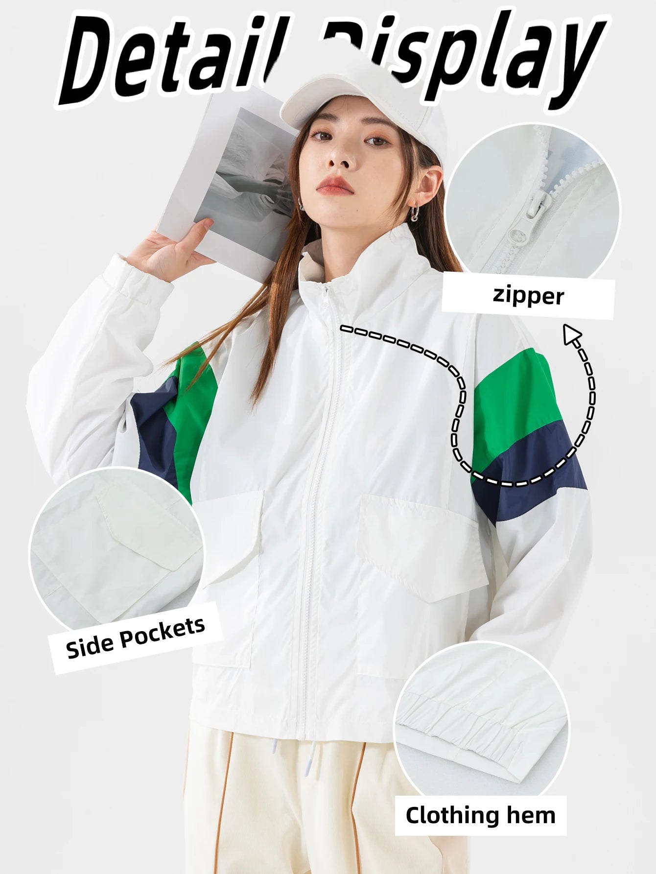 Women's Casual Jacket Color Block Windbreaker Coat Cropped junior Boomber Jacket Long Sleeves Patchwork Outerwear