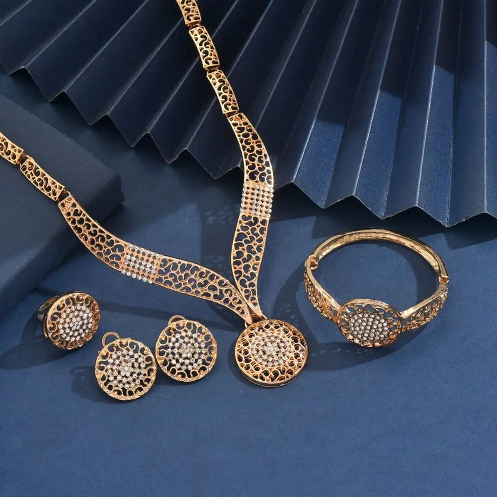 Exquisite Retro Jewelry Sets Shiny Golden Women Necklace Set High Quality Hollow Design Necklaces Bracelets Ring Sets Women
