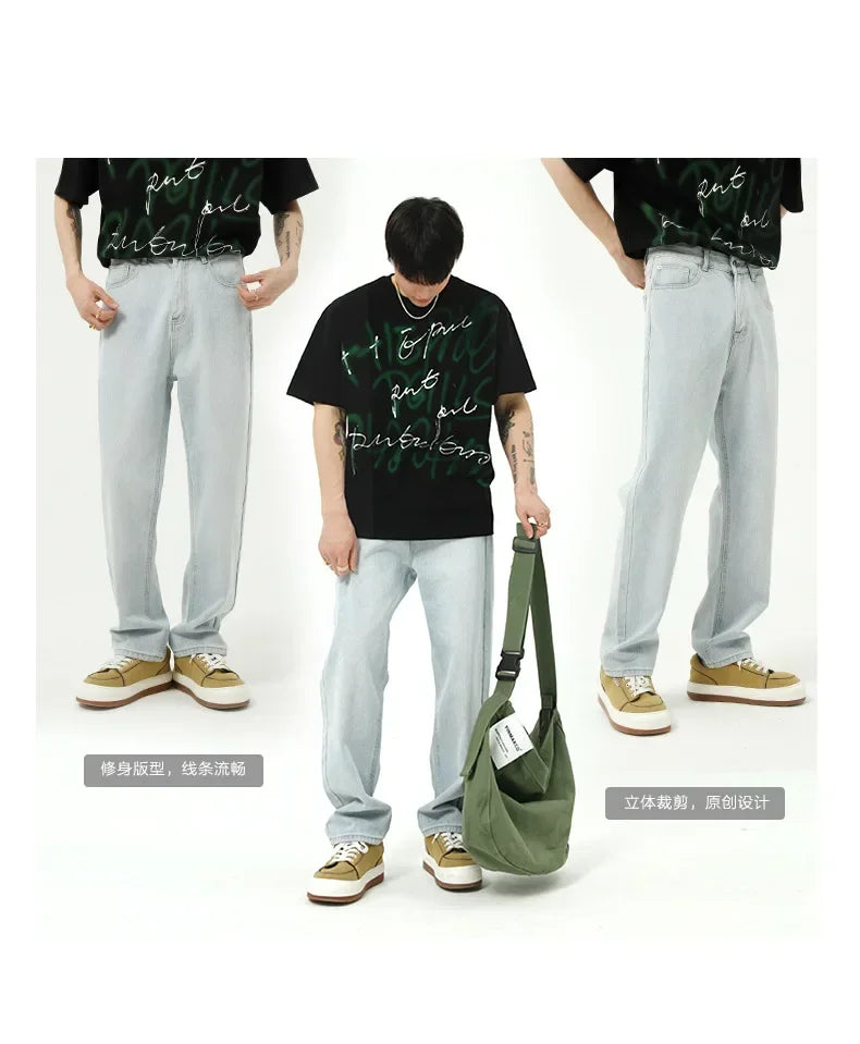 Business Men Jeans Casual Straight Stretch Pants Black and White Basic Fashion Classic Simple Work Denim Trousers Male Clothing