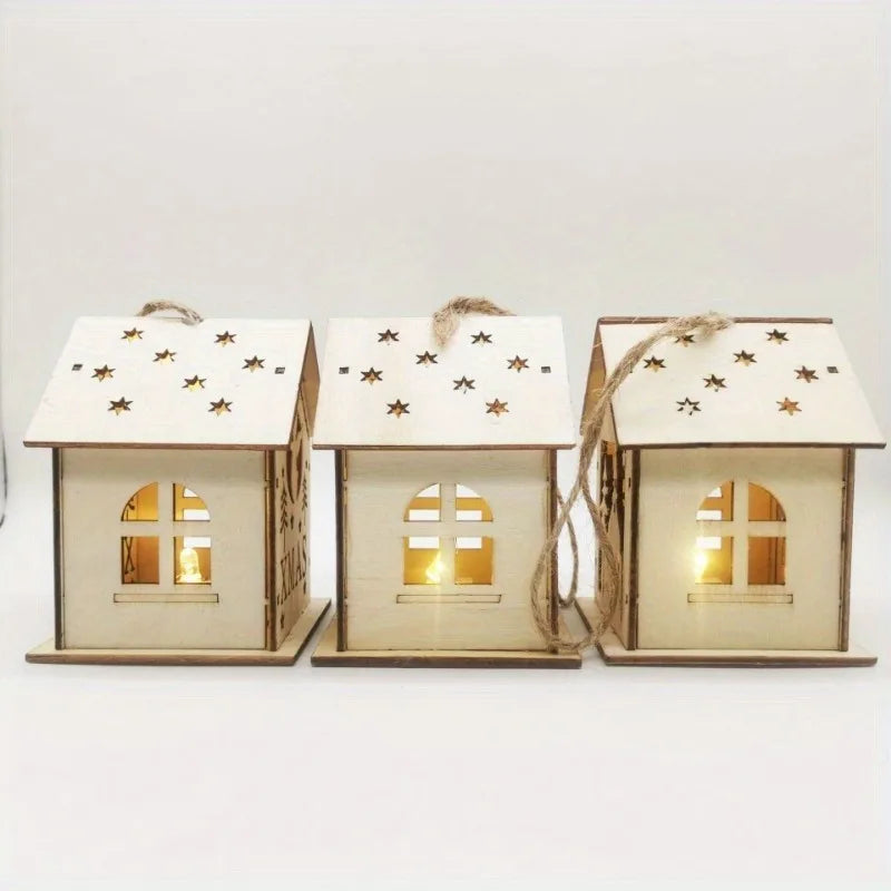 Christmas Wooden Crafts Wooden Christmas Small House Cabin Lighting Ornaments Pendant Christmas Tree Decoration