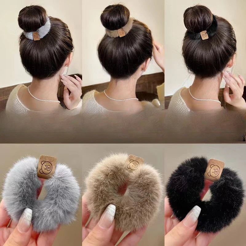 Autumn and Winter Plush Patch Bear Towel Ring Hair Tie Korean Style Hair Accessories Headband Thick High Elastic Hair Rope