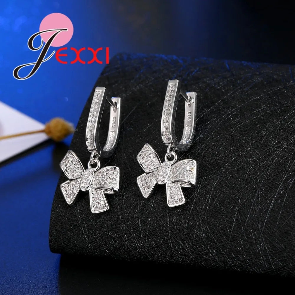 Classic Women Tow Tie Jewelry Sets Full Rhinestone Zircon Statement Necklace Earrings 925 Sterling Silver Set Accessory