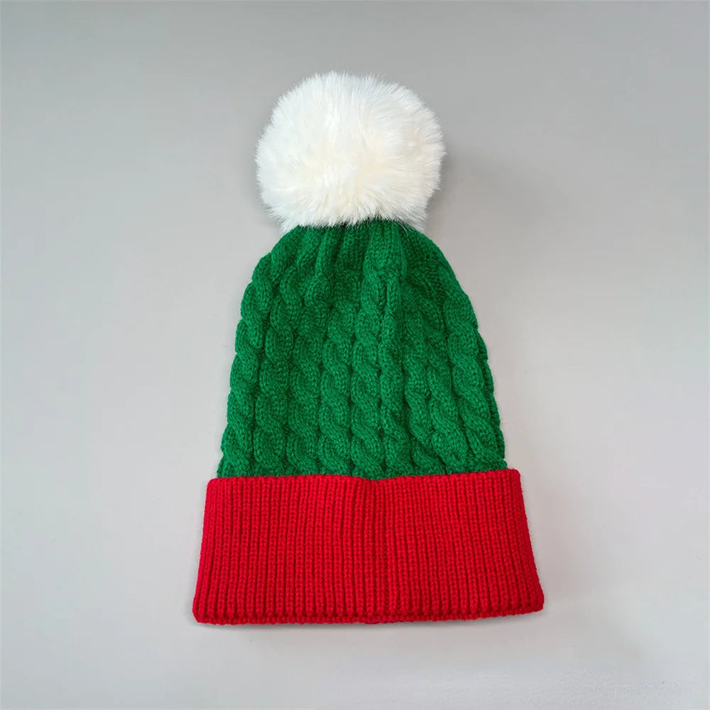 Winter Fur Pom Poms Hat Winter Hat For Adult Kids Hat Knitted Beanies Cap Hat Thick Christmas Xmas Santa  Skullies Beanies