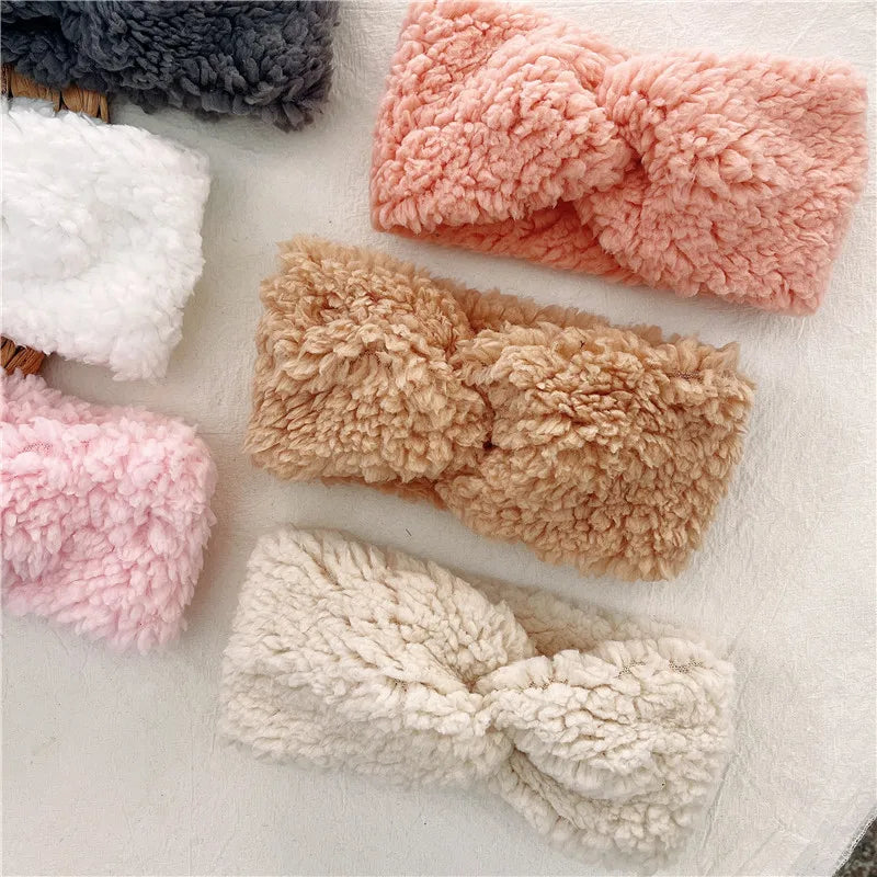 Winter Headband for Mother Girls Hair Accessories Teddy Fabric Head Wrap Soft Twist Knot Turban Ear Warmer Vintage Hairbands