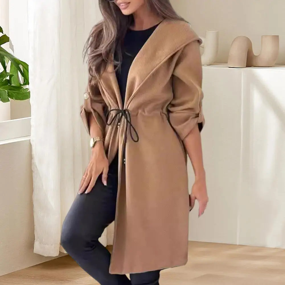 Women Loose Fit Jacket Stylish Hooded Winter Coat with Drawstring Waist Cufflinks for Women Warm Mid-length for Commuting