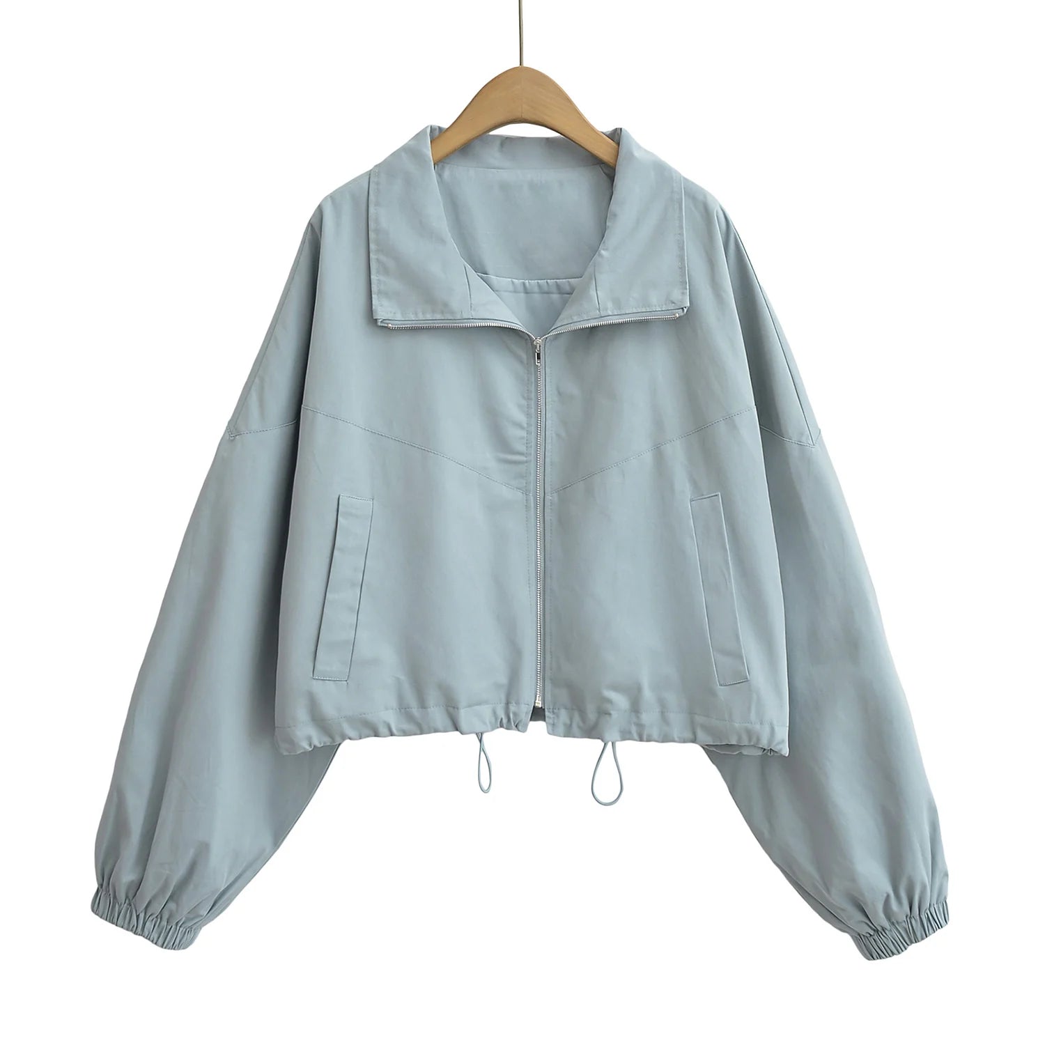 Women's Cropped Utility Jacket - Drop Shoulder Drawstring Hem Ribbed Cuffs Lightweight Cotton