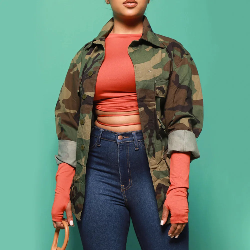 Jackets for Women Camouflage Coat Coats Turn Down Collar Full Sleeve Jacket Single Breasted Jacket Casual Pockets Autumn Spring