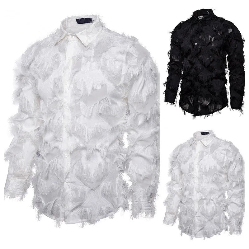 Shirts Men Party Feather Shirt Turn Down Collar Full Sleeve Single Breasted Splice Regular Solid Prom Tops Spring Summer