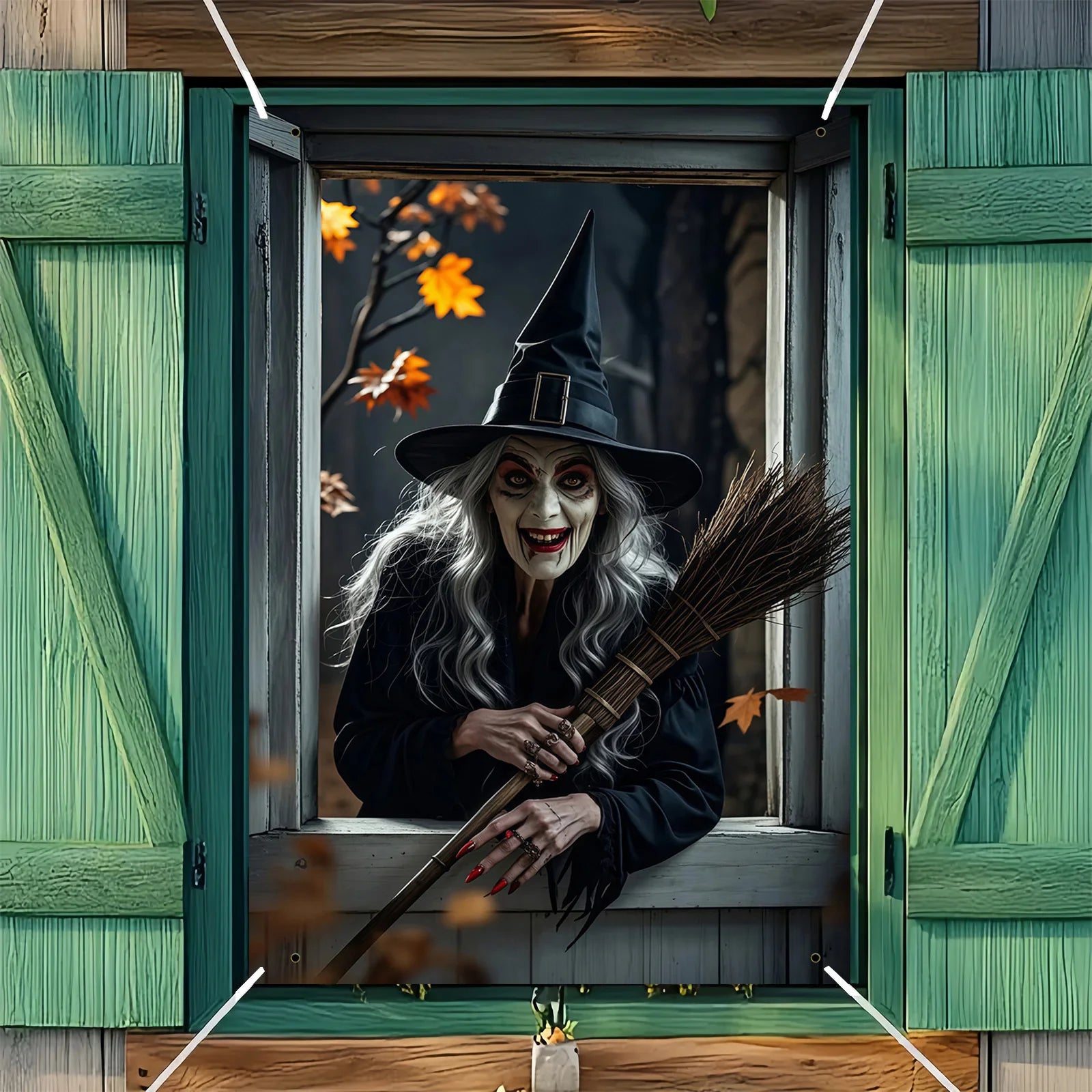 Halloween party, eerie witch window decoration with black cats and brooms, haunted house garden theme